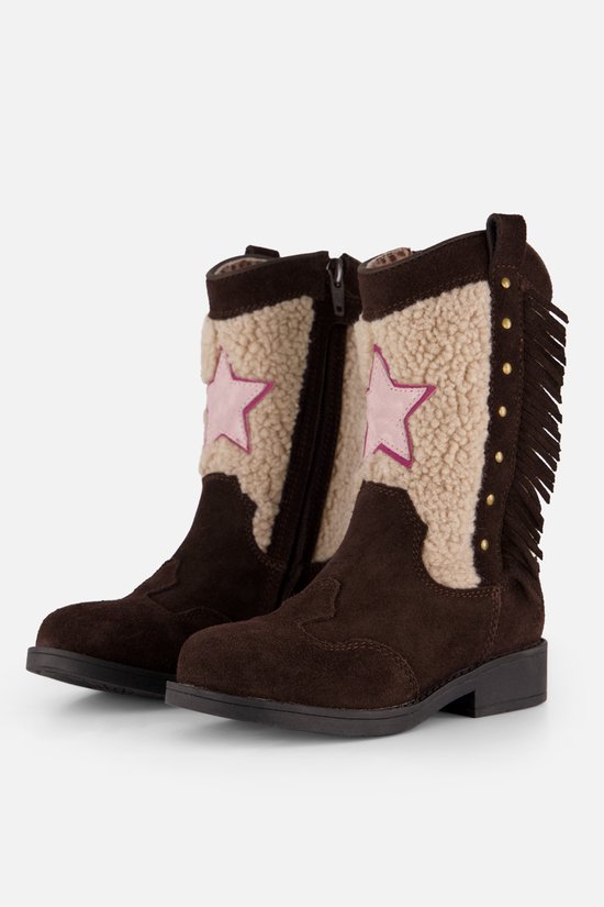Bruine suède cowboylaarsjes met roze sterren, teddy voering en franjes aan de zijkant.