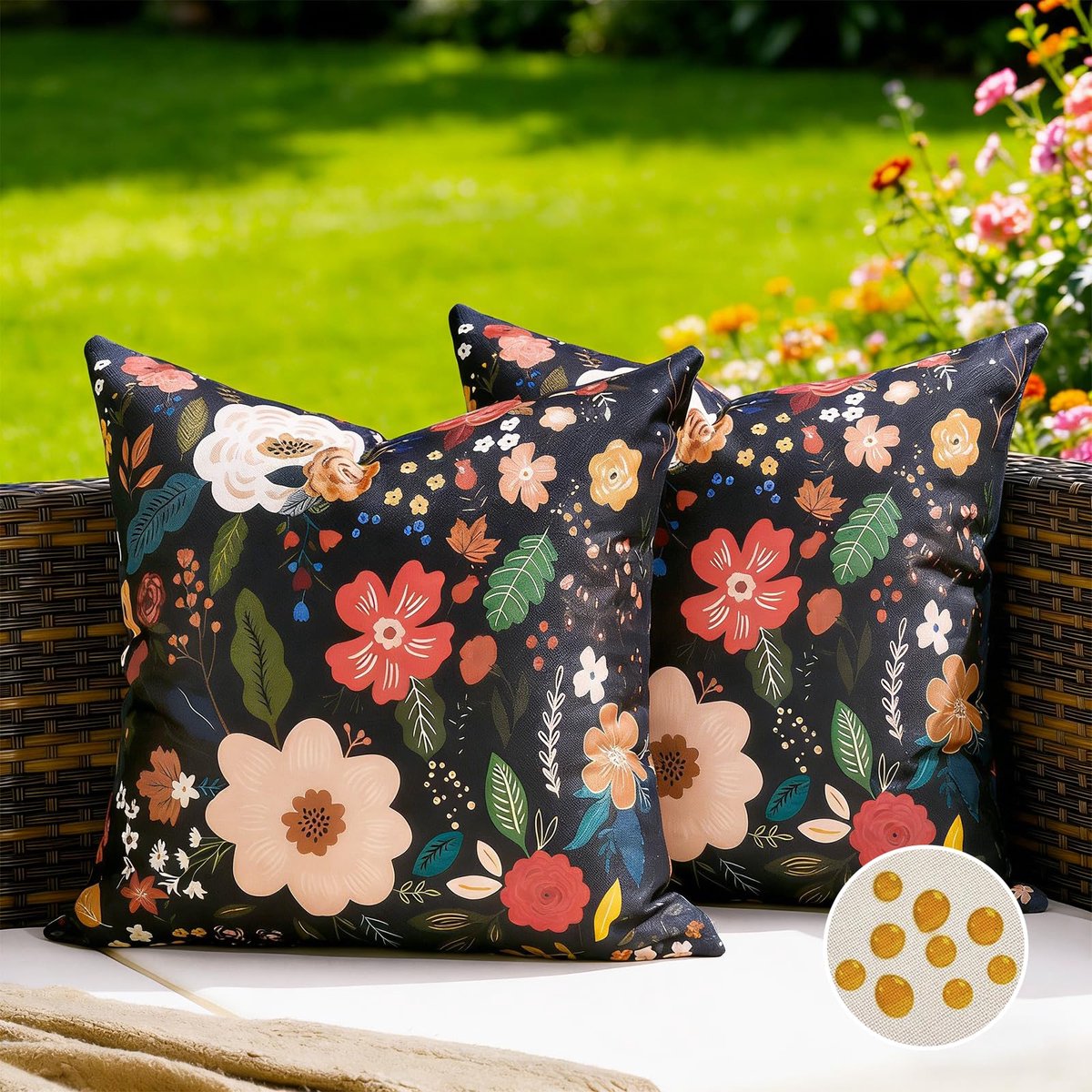 Waterdichte kussenhoes 40 x 40 cm - zwart - decoratief met rode bloemen - ideaal voor buitengebruik - ShopVlot