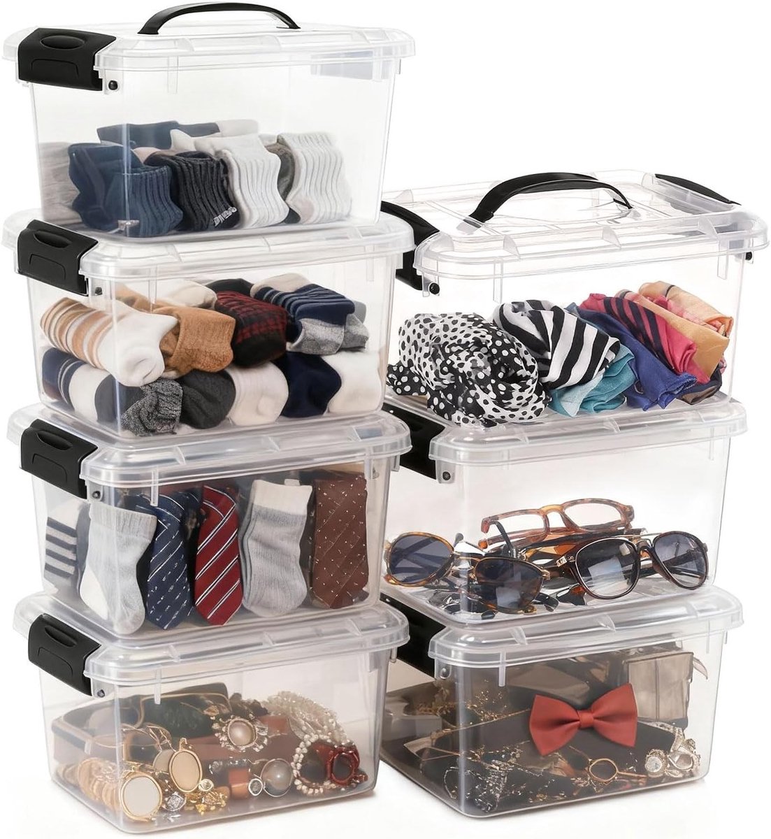 Set van 7 Opbergdozen met Deksel en Handvat, Stapelbare Plastic Organizers voor Kleding, Keuken en Boeken, Vrij van BPA, Transparant en Duurzaam