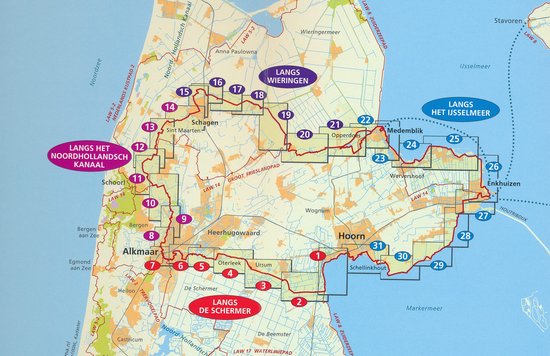Kaart met routes: Langs het Noordhollandsch Kanaal, Langs Wieringen, Langs het IJsselmeer en Langs de Schermer.