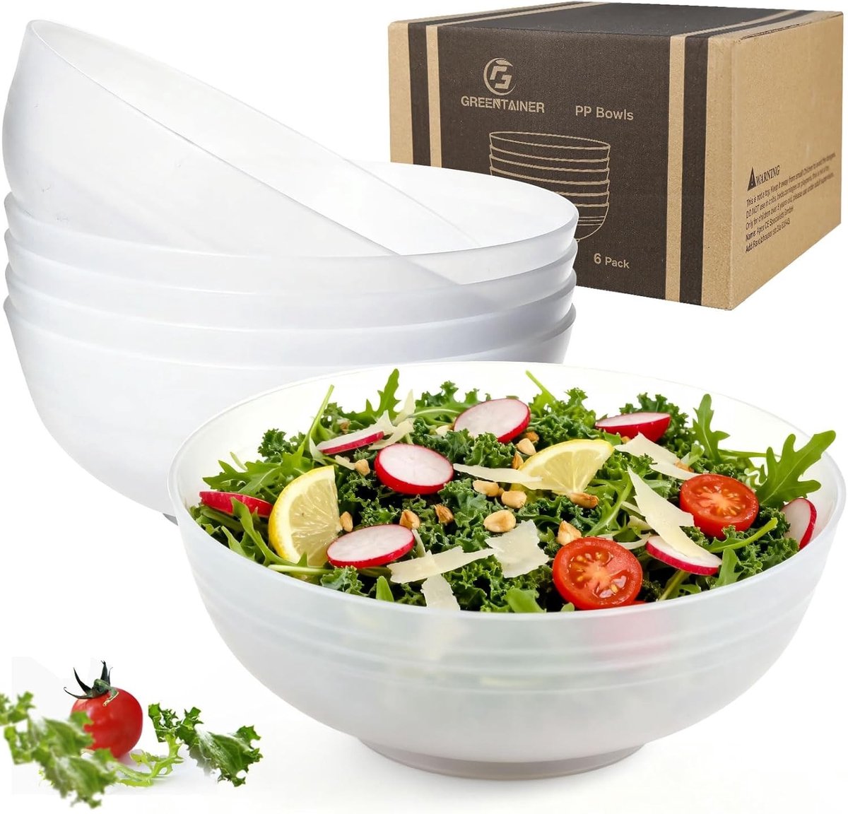 Grote onbreekbare cereal kommen van 2.25 L, ideaal voor salades, fruit en opslag, vaatwasser- en magnetronbestendig (6 stuks), transparant