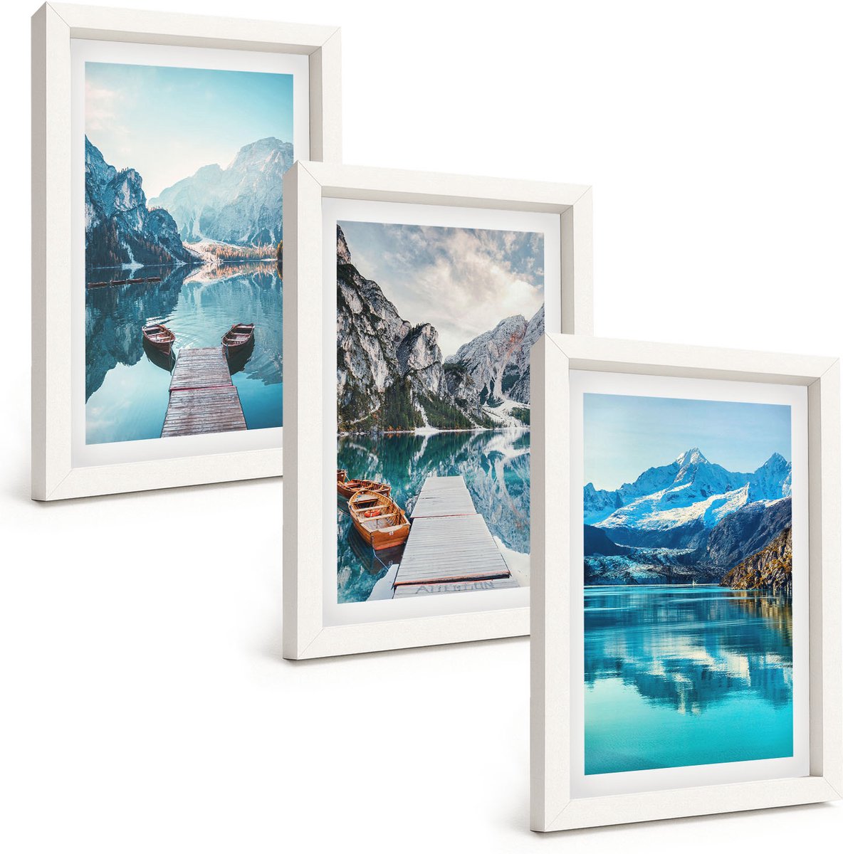 Wallfluent 3-Delige Schilderij Set - Bergmeren Met Boten En Weerspiegelingen In Het Water. - 20 x 30 - Wanddecoratie - Woonkamer Decoratie - Muurdecoratie