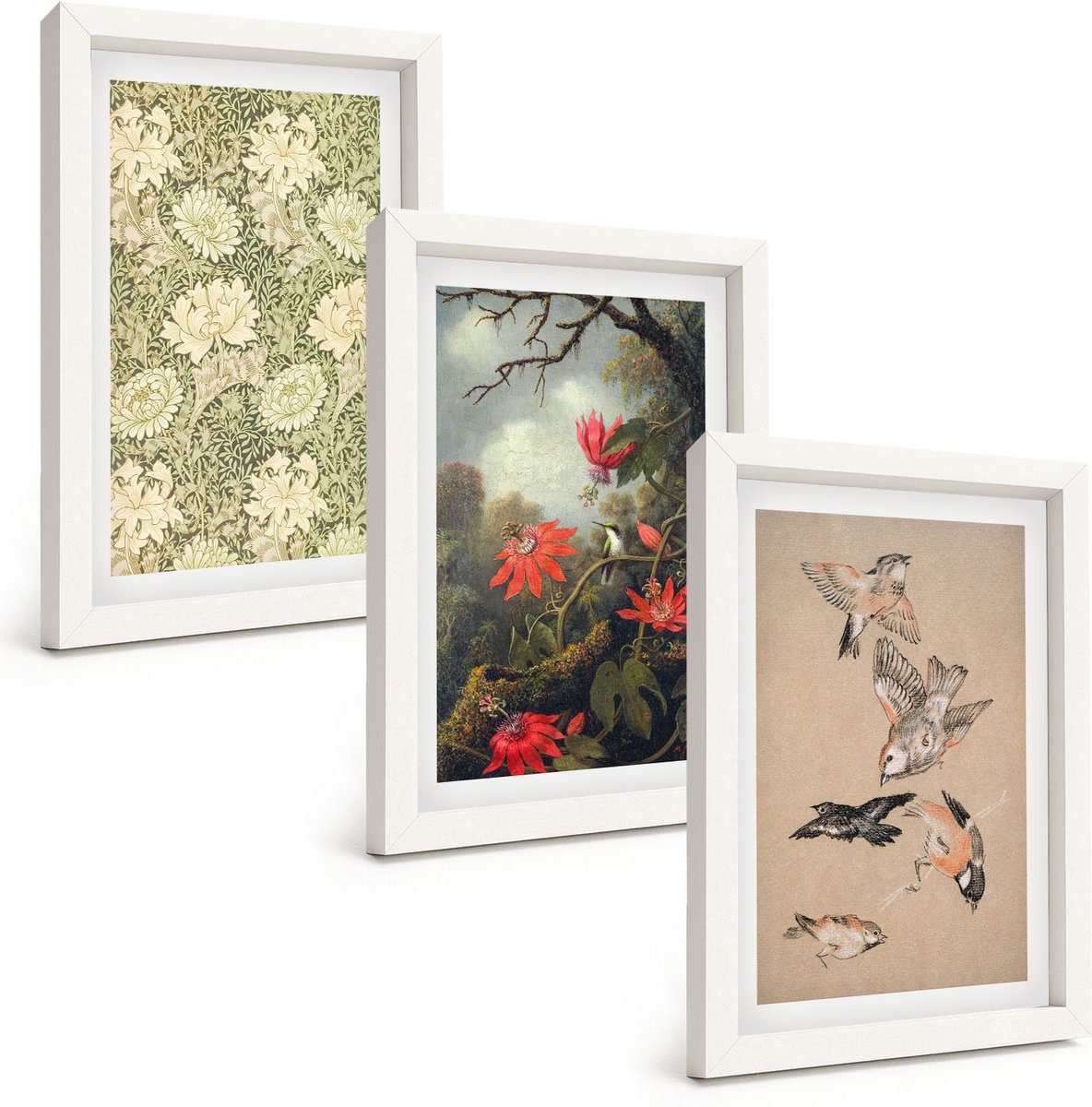 Wallfluent 3-Delige Schilderij Set - Bloemen En Vogels In Een Natuurlijke Omgeving - 20 x 30 - Moderne Wanddecoratie - Woonkamer - Muurdecoratie
