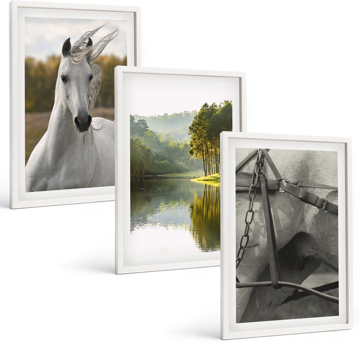 Wallfluent 3-Delige Schilderij Set - Witte Paarden Aan De Rivier - Natuurlandschap - 40 x 60 - Stijlvolle Wanddecoratie - Interieur - Moderne Wanddecoratie