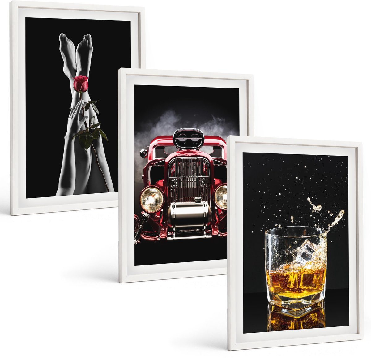 Wallfluent 3-Delige Schilderij Set - Vrouwenbenen Met Roos, Oude Auto, Glas Whisky - 40 x 60 - Muurdecoratie - Schilderijen Set - Woonkamer - Stijlvolle Muurdecoratie