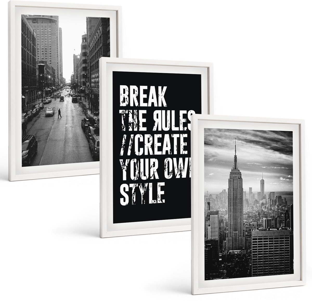 Wallfluent 3-Delige Schilderij Set - Stadsstraten In Zwart-Wit Met Inspirerende Letters - 40 x 60 - Stijlvolle Muurdecoratie - Slaapkamer