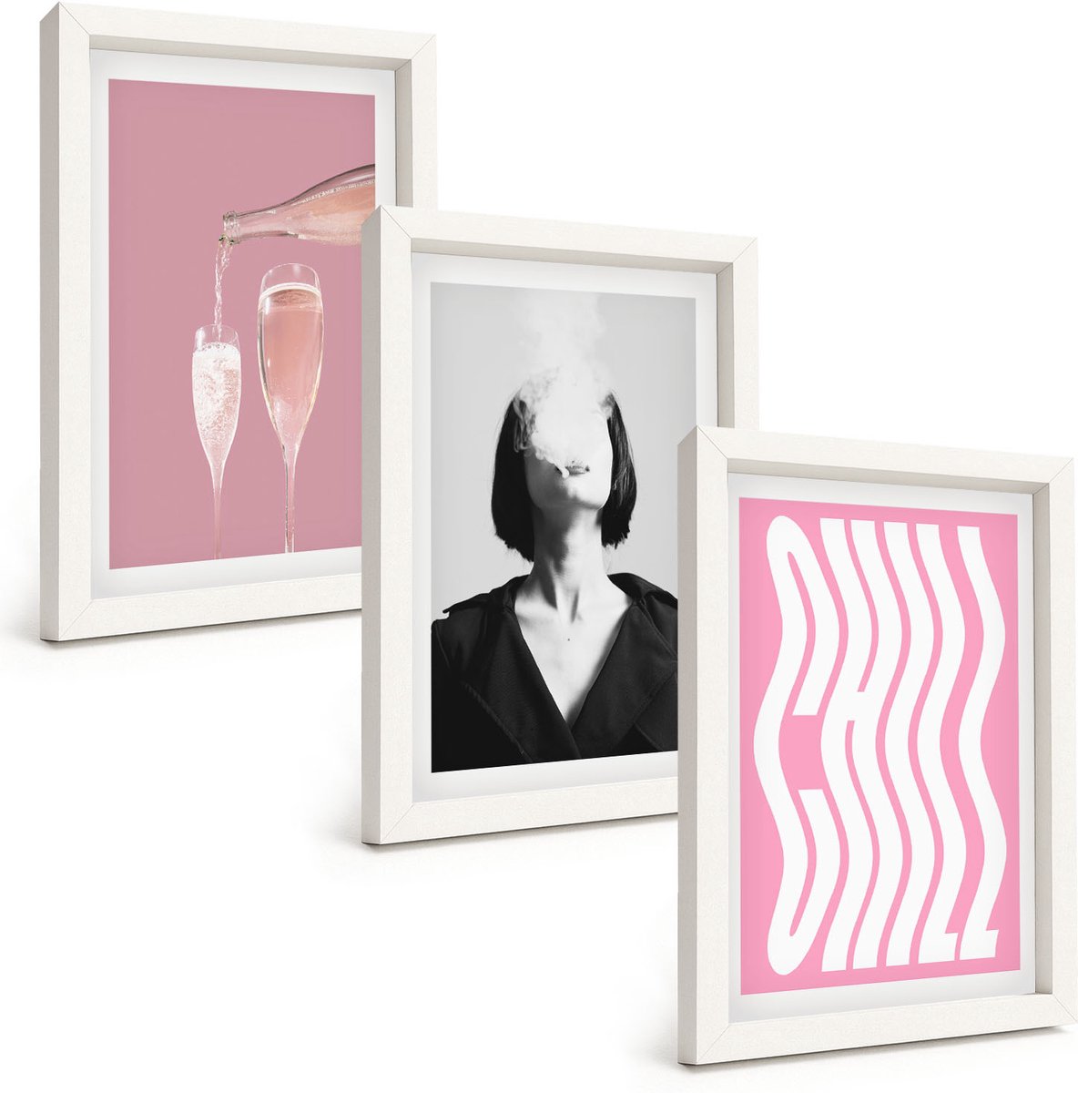 Wallfluent 3-Delige Schilderij Set - Stijlvol Portret Van Een Vrouw, Champagne En Ontspanning. - 20 x 30 - Muurdecoratie - Decoratieve Schilderijen - Wohnzimmer