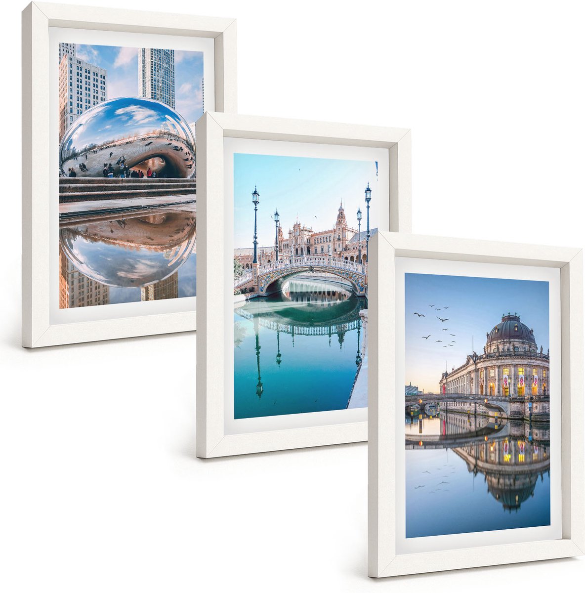 Wallfluent 3-Delige Schilderij Set - Stadsarchitectuur Met Weerspiegeling In Het Water - 20 x 30 - Wanddecoratie - Schilderijen Set - Interieur - Moderne Wanddecoratie