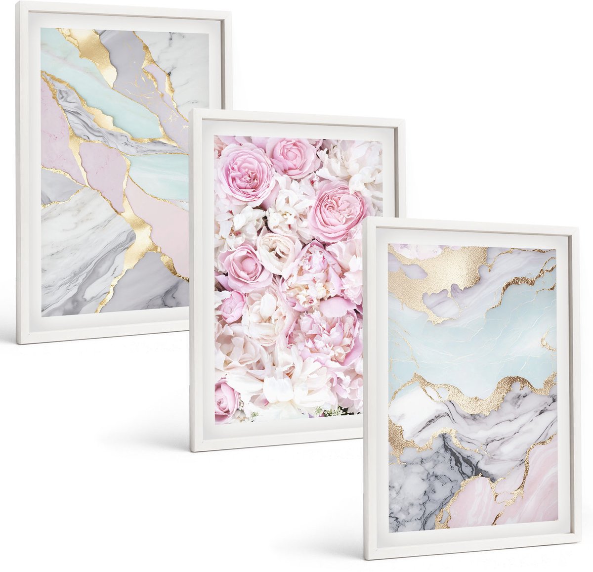 Wallfluent 3-Delige Schilderij Set - Roze Bloemen Met Marmer- En Pastelpatronen - 40 x 60 - Moderne Wanddecoratie - Slaapkamer - Woonkamer Decoratie