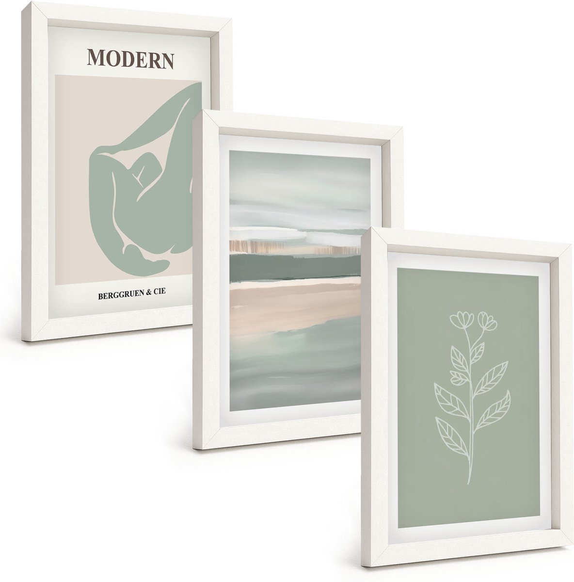Wallfluent 3-Delige Schilderij Set - Abstracte Vormen In Pasteltinten Met Planten - 20 x 30 - Stijlvolle Wanddecoratie - Interieur - Moderne Wanddecoratie