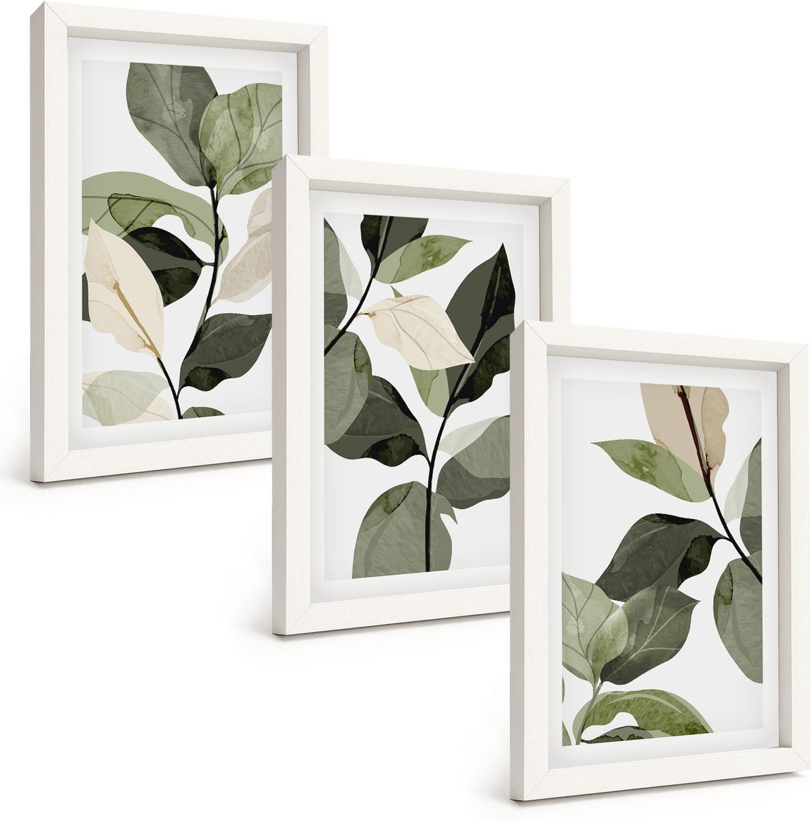 Wallfluent 3-Delige Schilderij Set - Geschilderde Delicate Boho-Plantenbladeren - 20 x 30 - Decoratieve Schilderijen - Wanddecoratie - Hal - Moderne Wanddecoratie