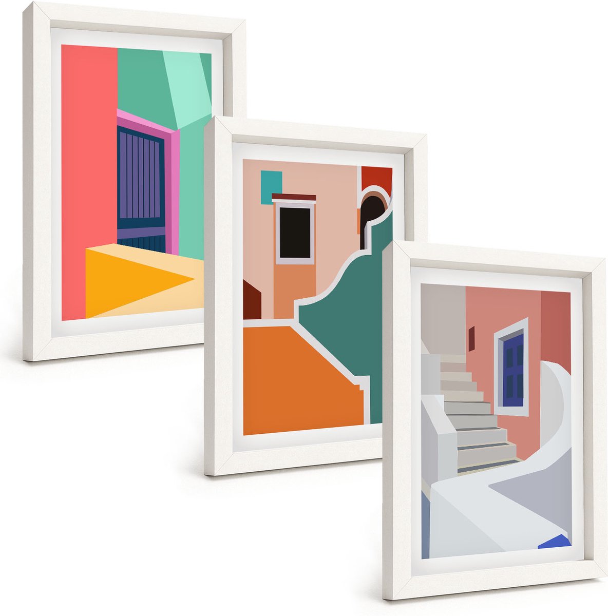 Wallfluent 3-Delige Schilderij Set - Kleurrijke Illustraties Van Gebouwen In Een Moderne Stijl. - 20 x 30 - Stijlvolle Wanddecoratie - Interieur - Muurdecoratie