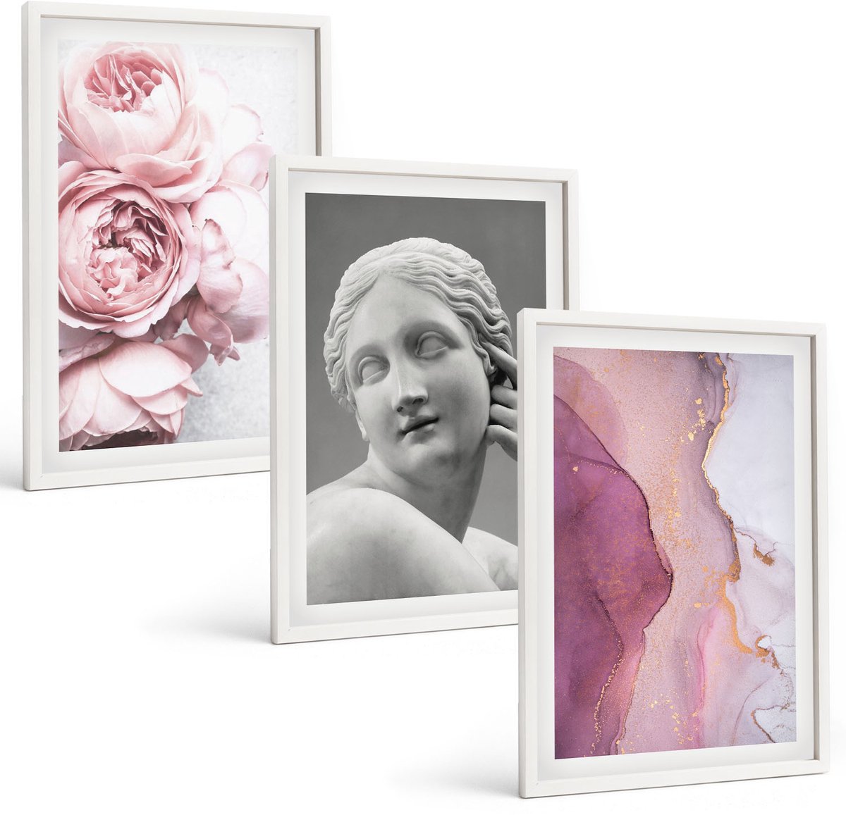 Wallfluent 3-Delige Schilderij Set - Romantische Pioenrozen Sculptuur Van Een Vrouw Abstractie - 40 x 60 - Wanddecoratie - Schilderijen Set - Kantoor