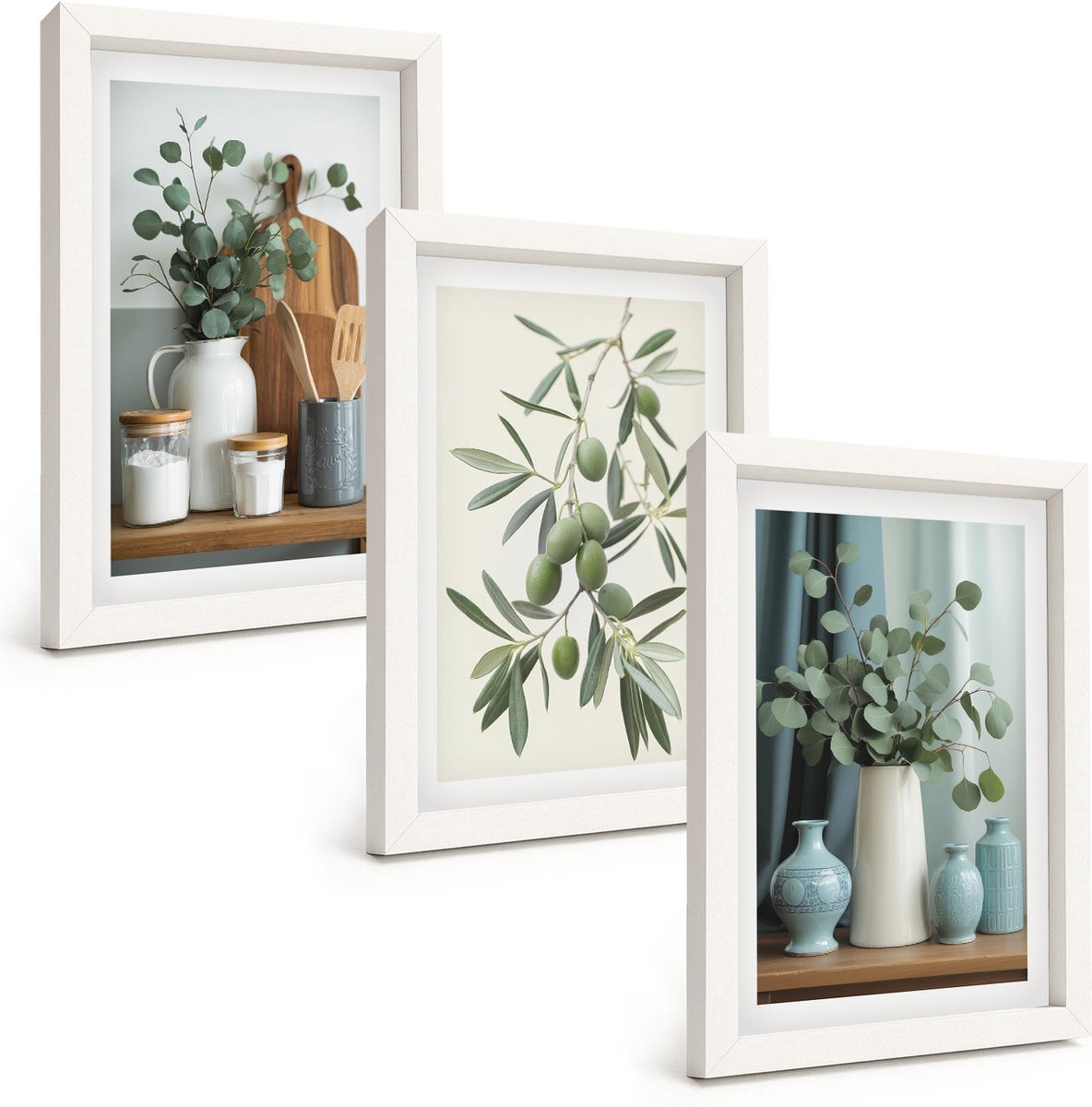 Wallfluent 3-Delige Schilderij Set - Esthetisch Aantrekkelijke Combinatie Van Groene Olijven En Eucalyptustakken - 20 x 30 - Muurdecoratie - Wanddecoratie - Hal - Moderne Wanddecoratie