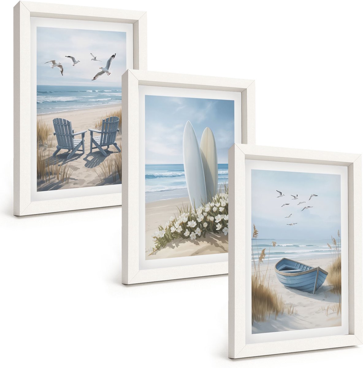 Wallfluent 3-Delige Schilderij Set - Strand Met Surfplanken, Boten En Vogels - 20 x 30 - Schilderijen Set - Wanddecoratie - Woonkamer - Muurdecoratie