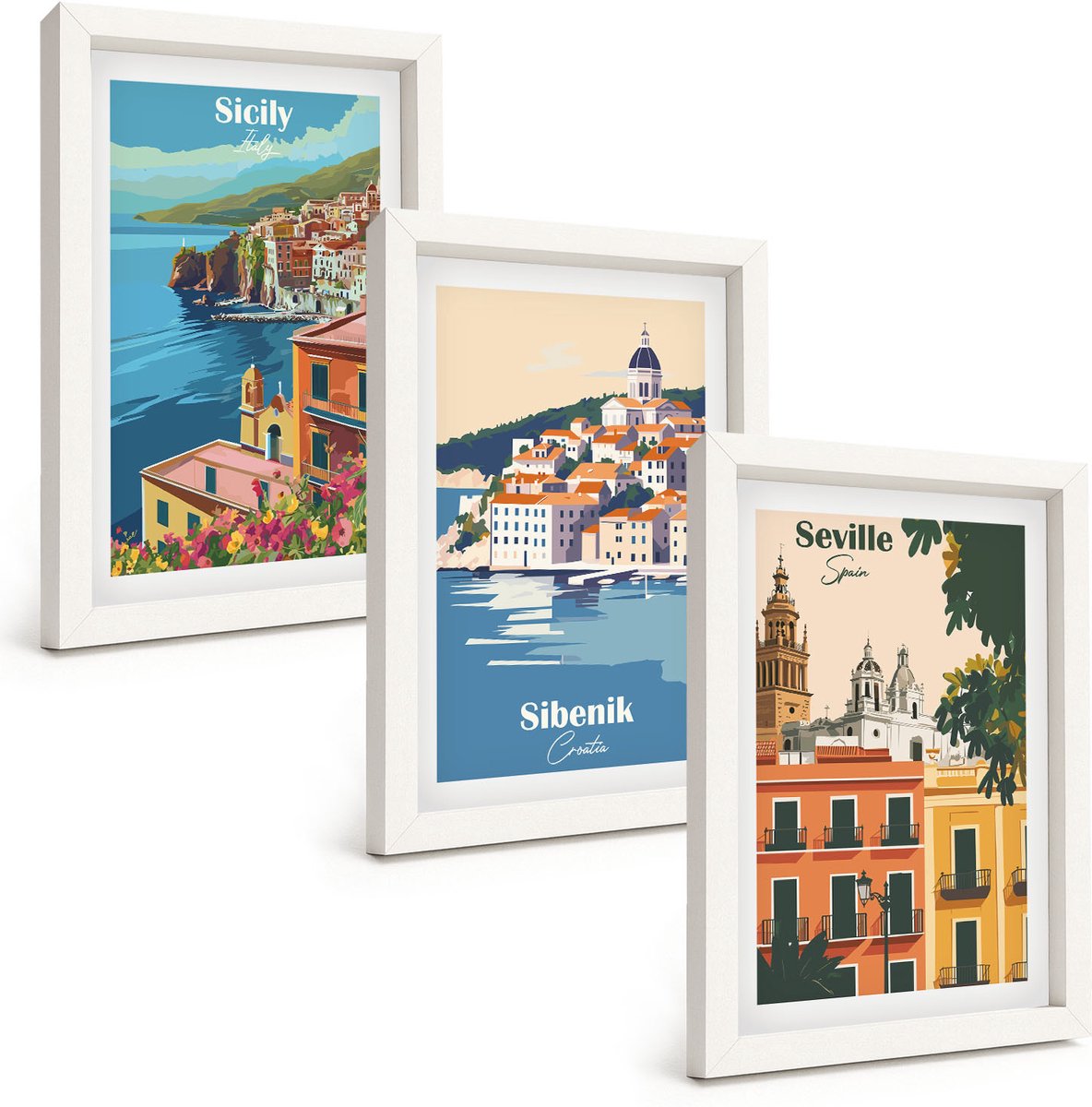 Wallfluent 3-Delige Schilderij Set - Europese Stadsgezichten Met Kleurrijke Gebouwen - 20 x 30 - Moderne Wanddecoratie - Woonkamer - Interieur Decoratie