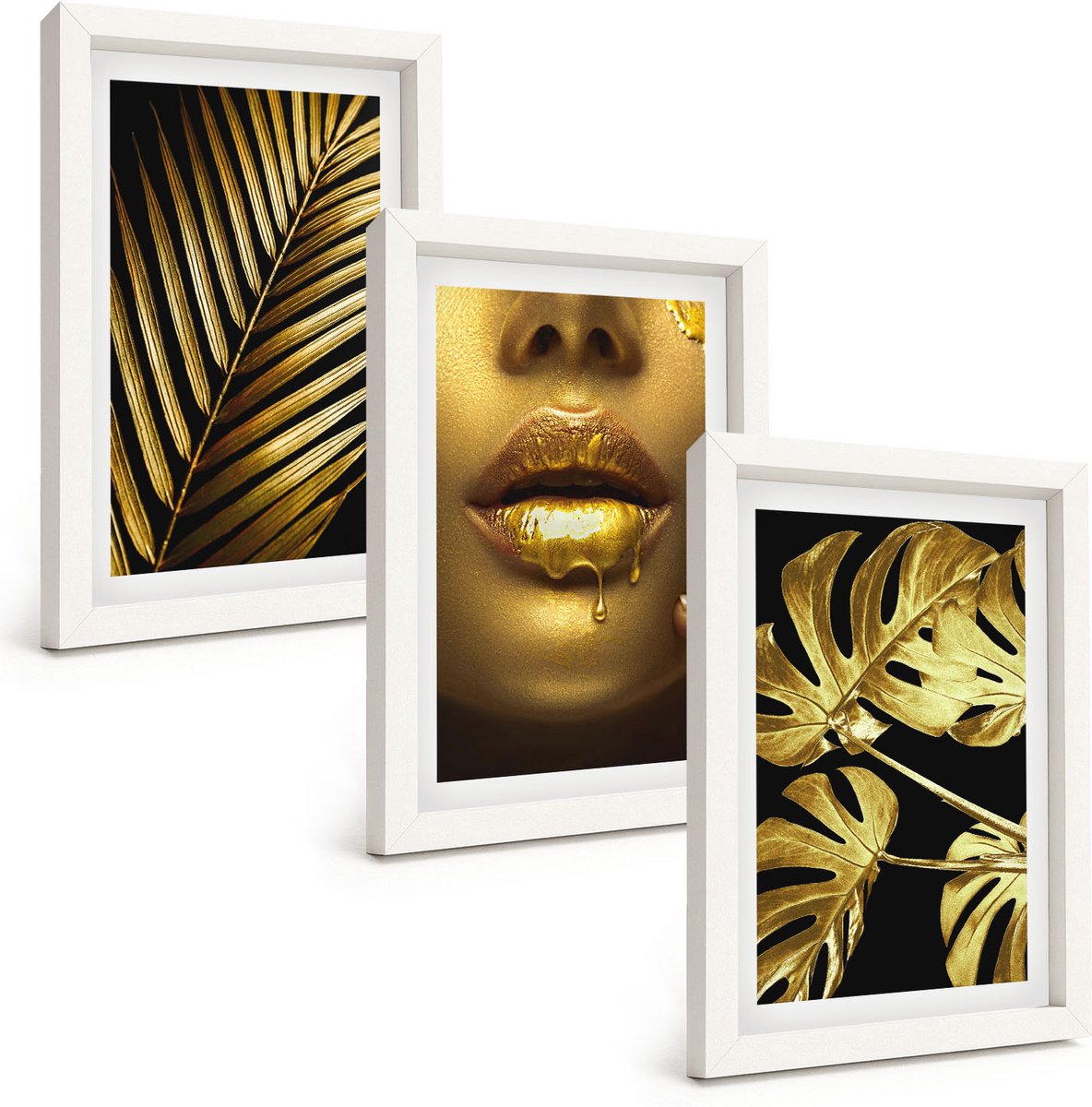 Wallfluent 3-Delige Schilderij Set - Palmbladeren Vrouwengezicht Monsterabladeren - 20 x 30 - Decoratieve Schilderijen - Woonkamer - Interieur - Stijlvolle Muurdecoratie