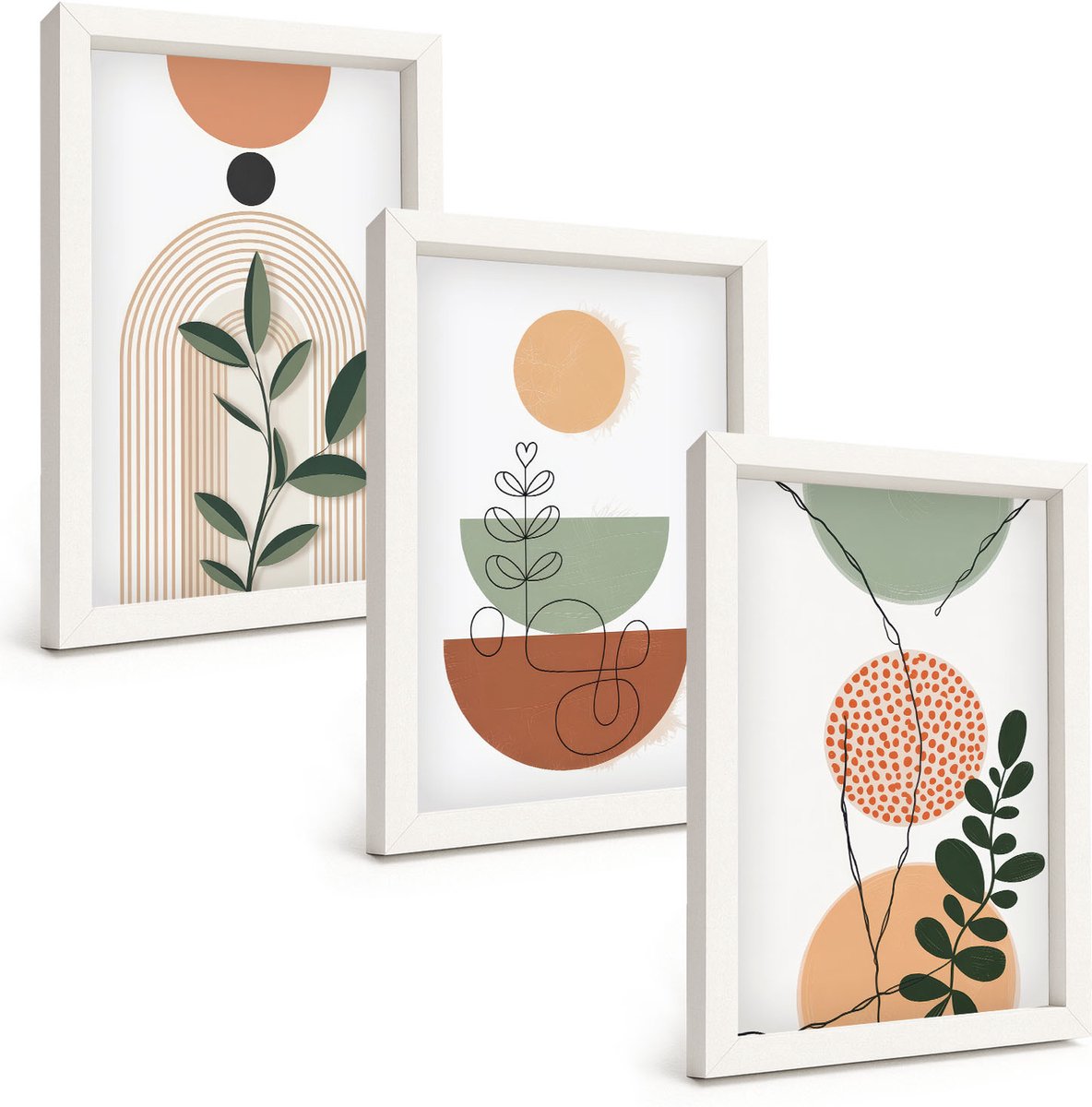 Wallfluent 3-Delige Schilderij Set - Abstracte Vormen Met Kleurrijke Plantmotieven - 20 x 30 - Moderne Wanddecoratie - Woonkamer