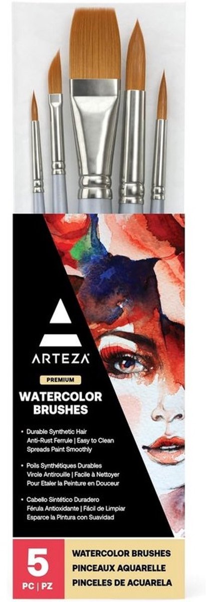 Set van 5 Aquarelkwasten: Verschillende Vormen, Zachte Synthetische Haren voor Schilderen