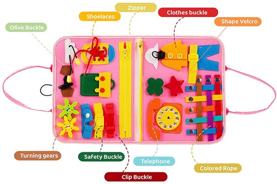 Busy Board Boek Montessori Speelgoed - Activiteiten Boek - Reisspeelgoed Peuter speelgoed 3 jaar voor op reis - Motoriek Map voor Thuis en Onderweg - Leren Veter Strikken - Activiteitenboek - Vaardigheden Kinderen - Educatief Spel - roze van Flintry — afbeelding 4