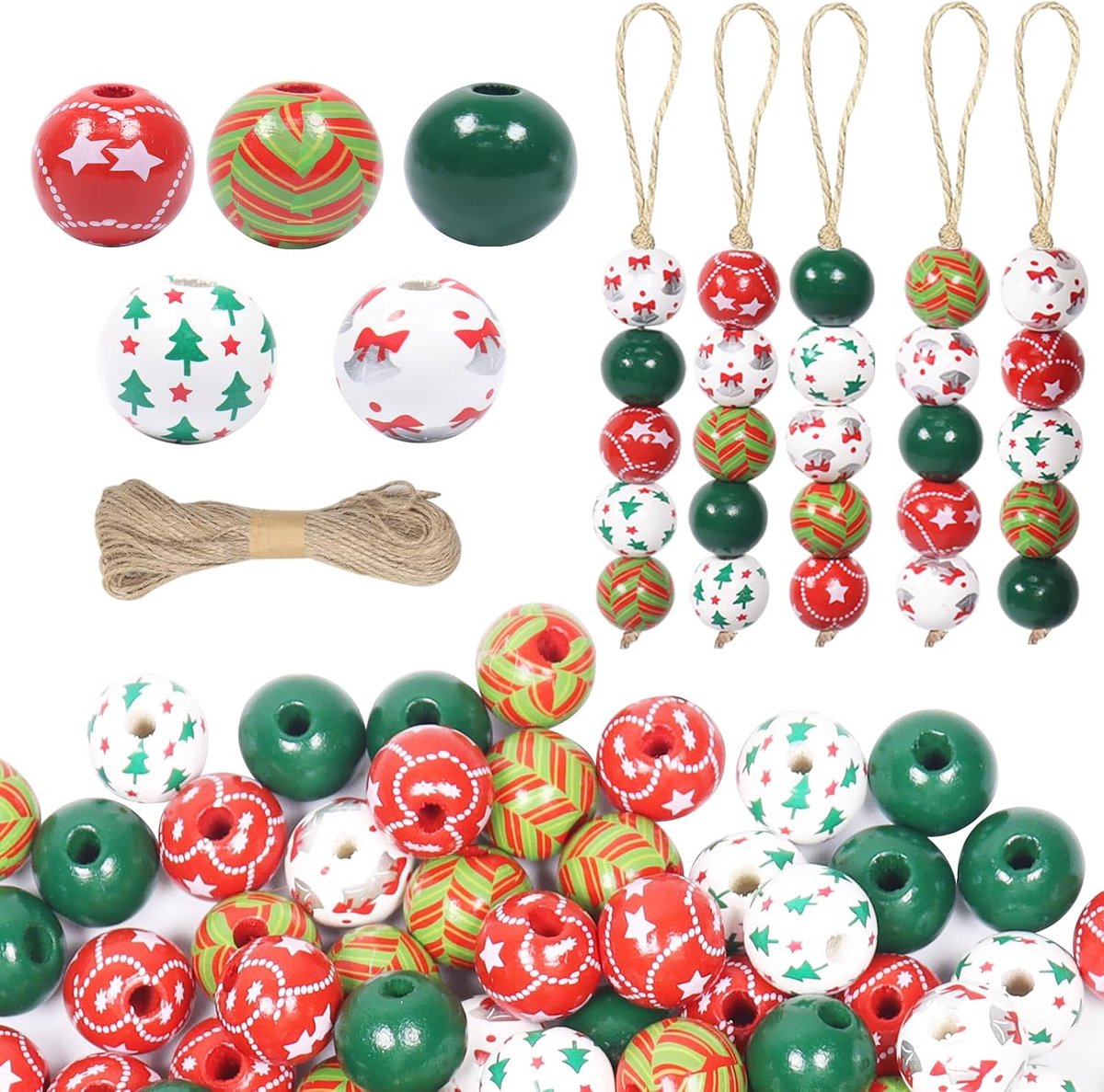 Houten kerstkralen, 150 stuks, kerstkralen, knutselset met koord en gat, natuurlijke houten kralen, kleurrijke kerstkralen, hout voor doe-het-zelf kerstboomdecoratie, armbanden, halskettingen
