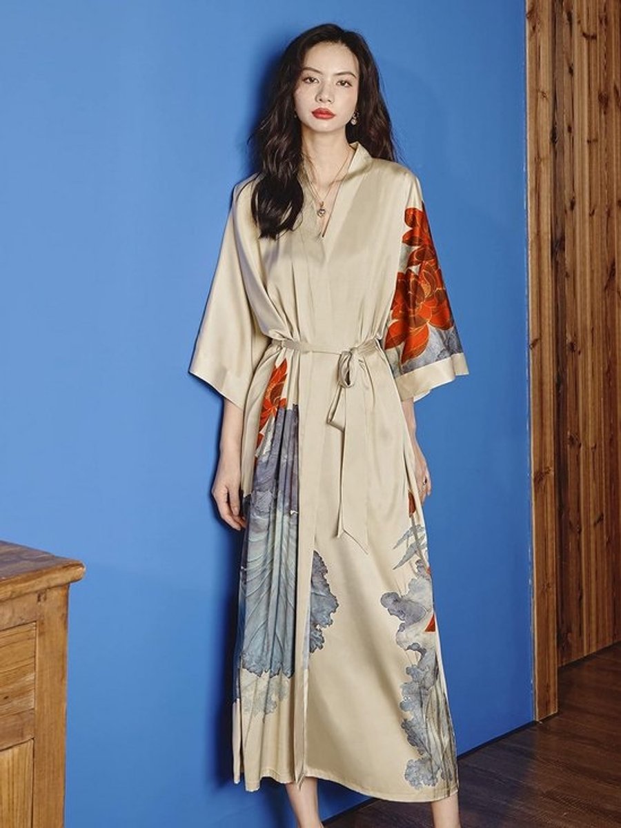 Lange Satijnen Kimono Badjas Dames met Bloemenpatroon - Zijdezachte Ochtendjas