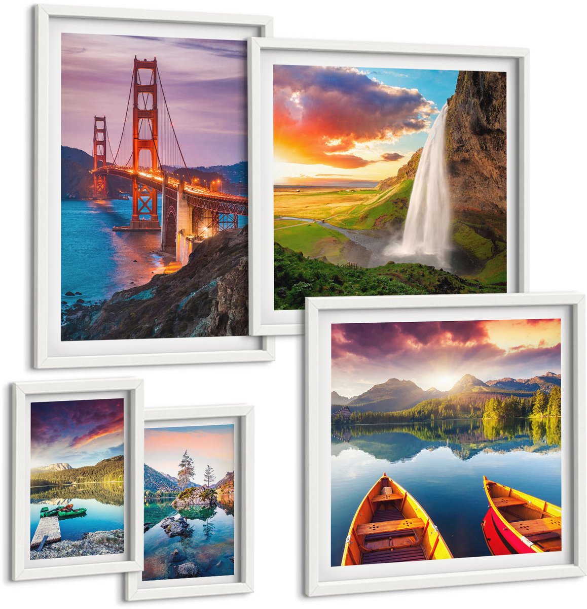 Wallfluent 5-Delige Schilderij Set - Natuurlijke Landschappen En Brugarchitectuur In De Vs - 50 x 50 cm, 20 x 30 cm En 40 x 60 cm - Decoratieve Schilderijen - Woonkamer - Interieur