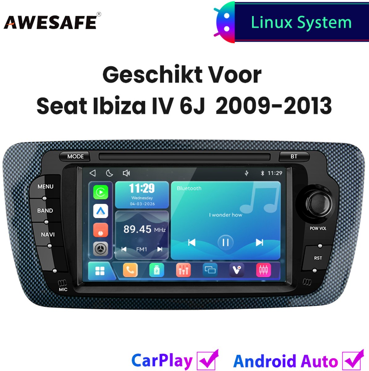 Awesafe Autoradio - Geschikt Voor Seat Ibiza IV 6J 2009 t/m 2013 - Draadloos Carplay Android Auto - Linux systeem - 7 Inch Touchscreen - FM Radio Bluetooth EQ SWC Wifi Airplay - 2009 2010 2011 2012 2013