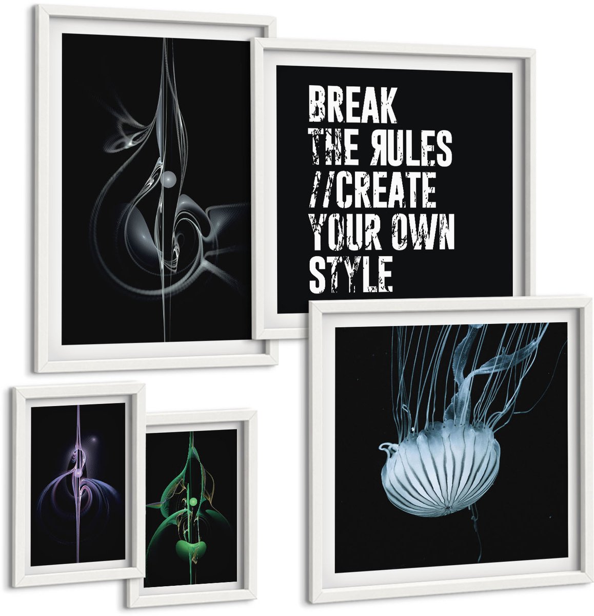 Wallfluent 5-Delige Schilderij Set - Abstracte Composities Met Als Thema Creativiteit En Expressie. - 50 x 50 cm, 20 x 30 cm En 40 x 60 cm - Muurdecoratie - Schilderijen Set - Woonkamer - Wanddecoratie