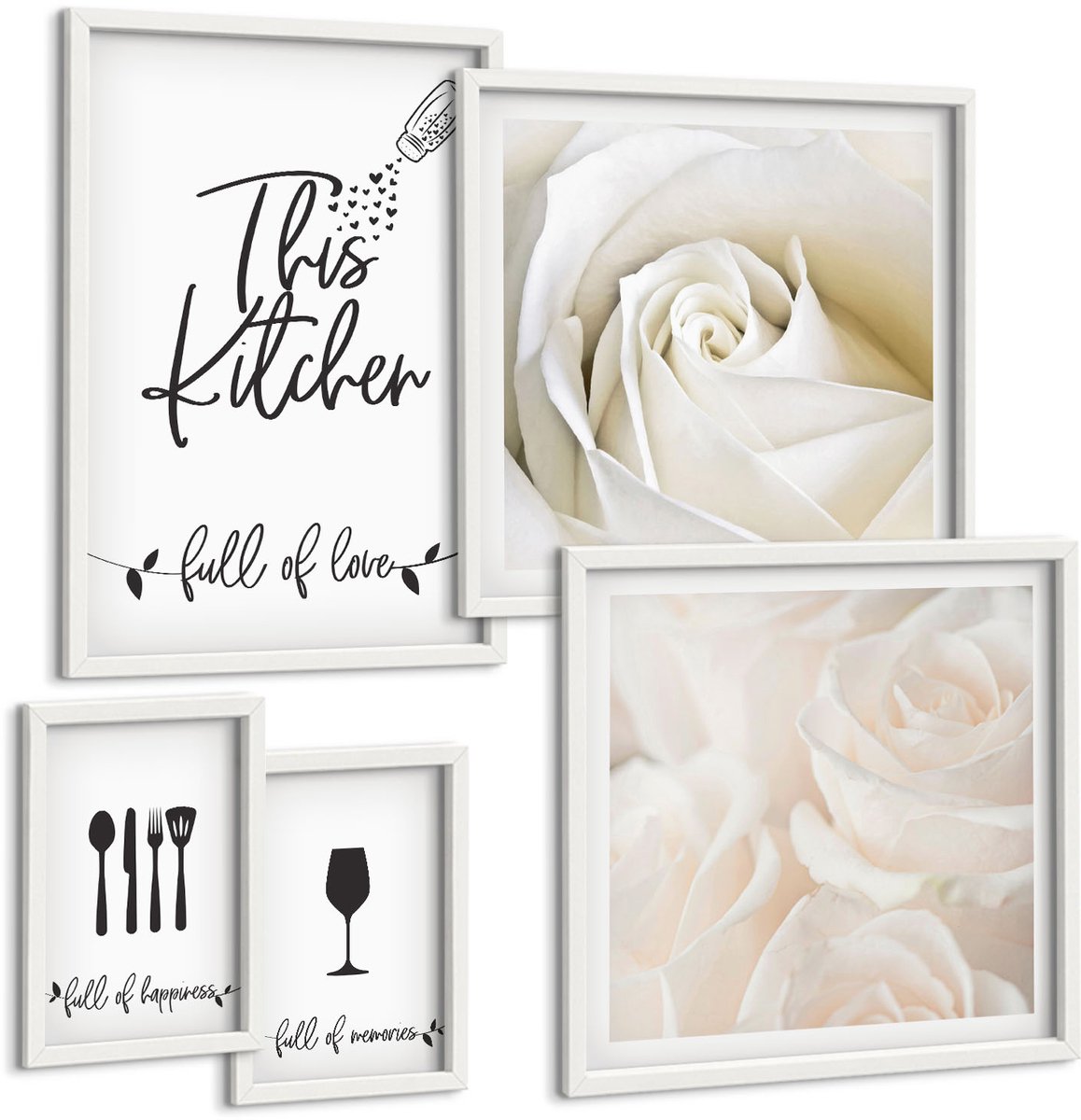Wallfluent 5-Delige Schilderij Set - Stijlvolle Keukendecoratie Met Plantmotieven En Opschriften. - 50 x 50 cm, 20 x 30 cm En 40 x 60 cm - Moderne Wanddecoratie - Woonkamer - Interieur Decoratie