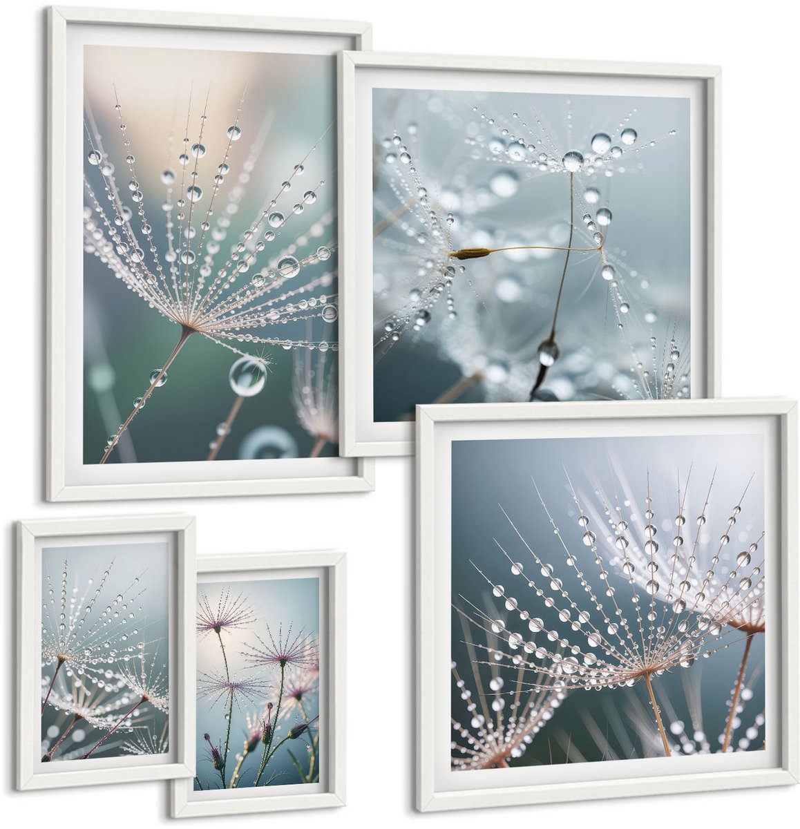 Wallfluent 5-Delige Schilderij Set - Dauwdruppels Op Delicate Planten In Een Minimalistische Stijl - 50 x 50 cm, 20 x 30 cm En 40 x 60 cm - Wanddecoratie - Moderne Interieurdecoratie - Muurdecoratie