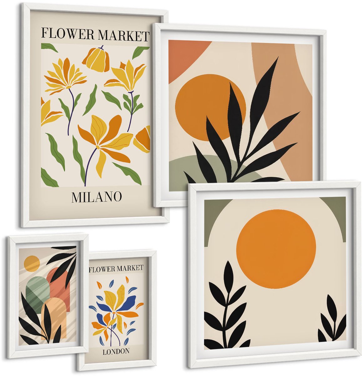 Wallfluent 5-Delige Schilderij Set - Bloemmotieven En Abstracte Composities In Boho-Stijl - 50 x 50 cm, 20 x 30 cm En 40 x 60 cm - Moderne Wanddecoratie - Slaapkamer - Stijlvolle Muurdecoratie