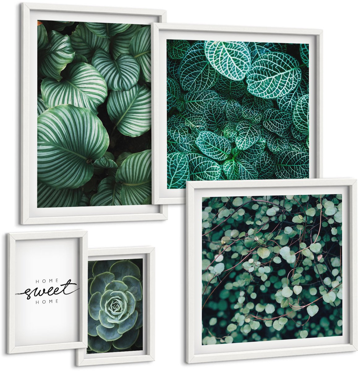 Wallfluent 5-Delige Schilderij Set - Groene Bladeren En Planten In Een Moderne Stijl - 50 x 50 cm, 20 x 30 cm En 40 x 60 cm - Decoratieve Schilderijen - Wanddecoratie - Hal - Interieur Decoratie