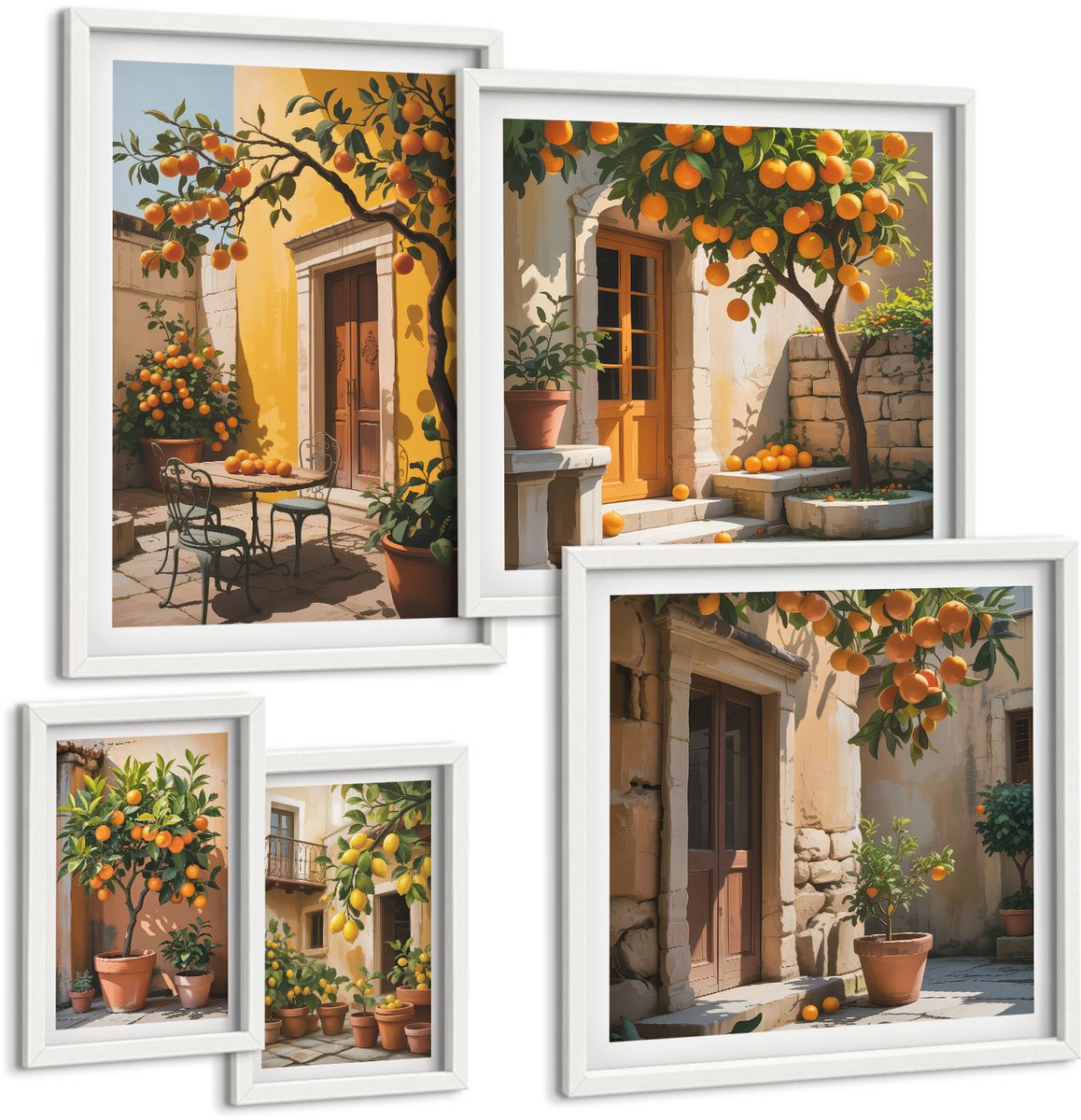 Wallfluent 5-Delige Schilderij Set - Citrusvruchten In Zonnige Tuinen En Op Terrassen - 50 x 50 cm, 20 x 30 cm En 40 x 60 cm - Decoratieve Schilderijen - Wanddecoratie - Hal - Interieur Decoratie