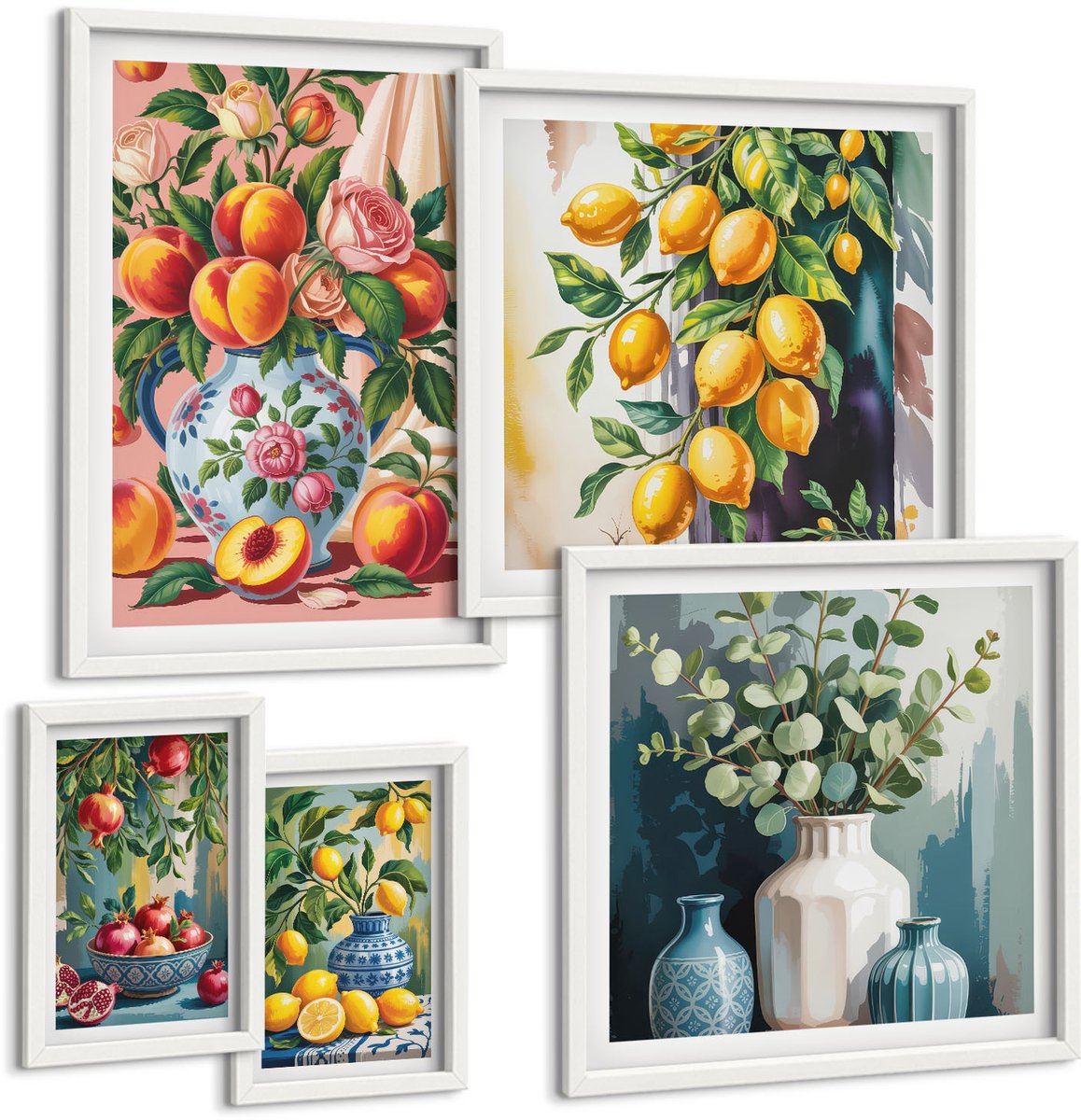 Wallfluent 5-Delige Schilderij Set - Fruitcomposities Met Bloemen En Keramische Vazen - 50 x 50 cm, 20 x 30 cm En 40 x 60 cm - Wanddecoratie - Schilderijen Set - Kantoor - Moderne Wanddecoratie