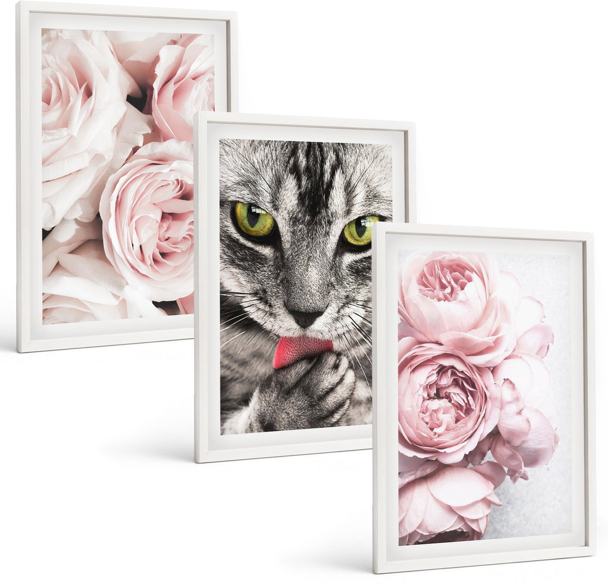 Wallfluent 3-Delige Schilderij Set - Kat Tussen Roze Rozen En Pioenrozen - 40 x 60 - Muurdecoratie - Schilderijen Set - Woonkamer
