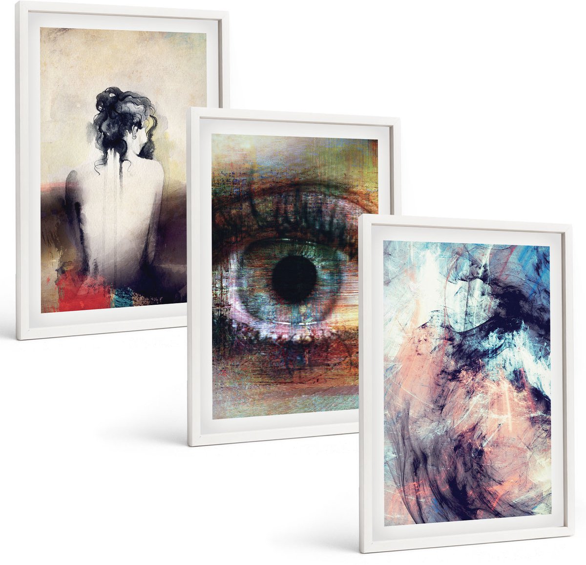 Wallfluent 3-Delige Schilderij Set - Portret Van Een Vrouwenoog Abstracte Kleuren Emoties - 40 x 60 - Stijlvolle Muurdecoratie - Kantoor - Woonkamer Decoratie