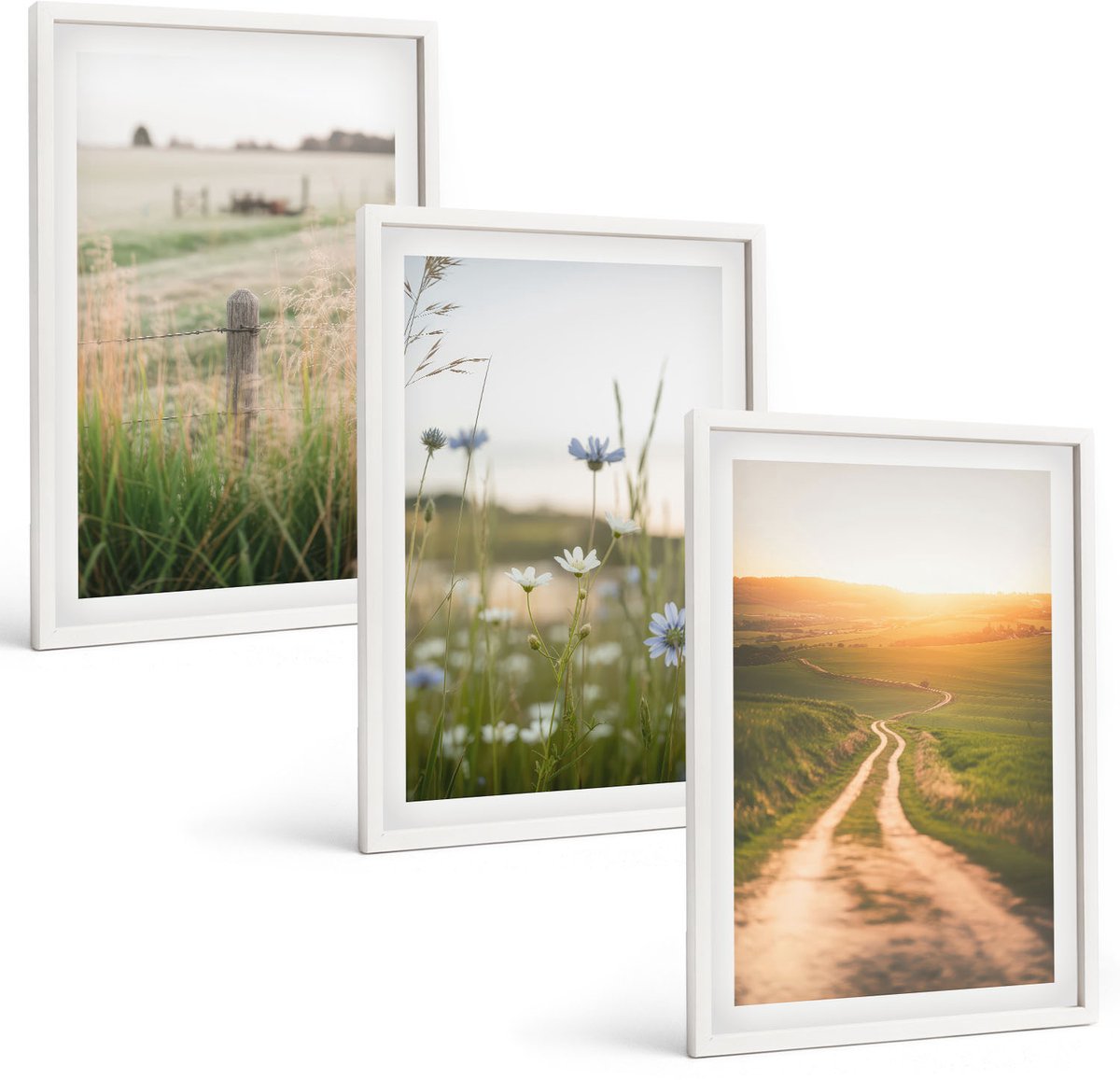 Wallfluent 3-Delige Schilderij Set - Natuurlandschappen Met Velden En Paden In De Zon. - 40 x 60 - Stijlvolle Muurdecoratie - Slaapkamer