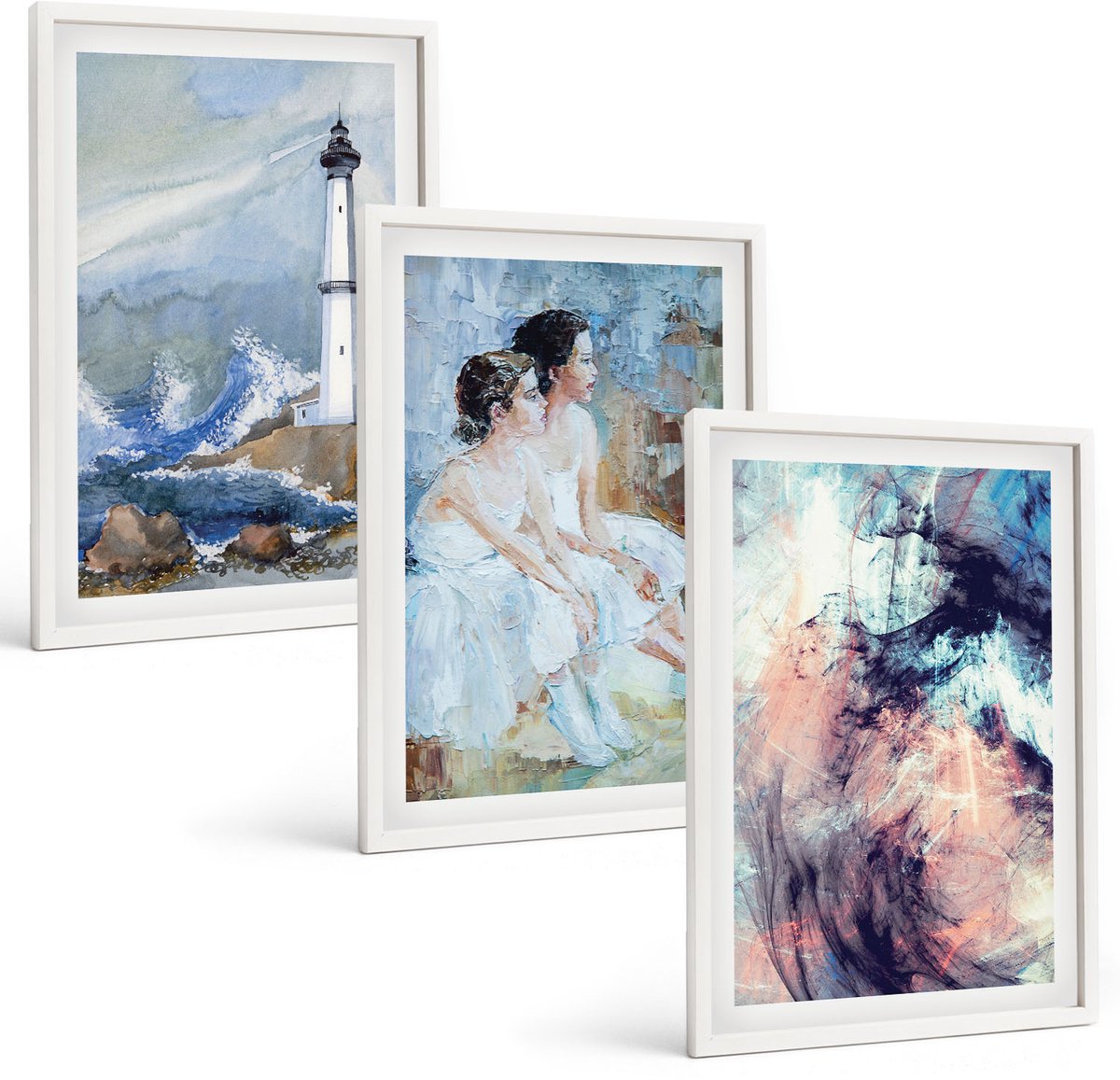 Wallfluent 3-Delige Schilderij Set - Abstracte Geschilderde Vuurtoren En Dansers - 40 x 60 - Moderne Wanddecoratie - Slaapkamer - Stijlvolle Muurdecoratie