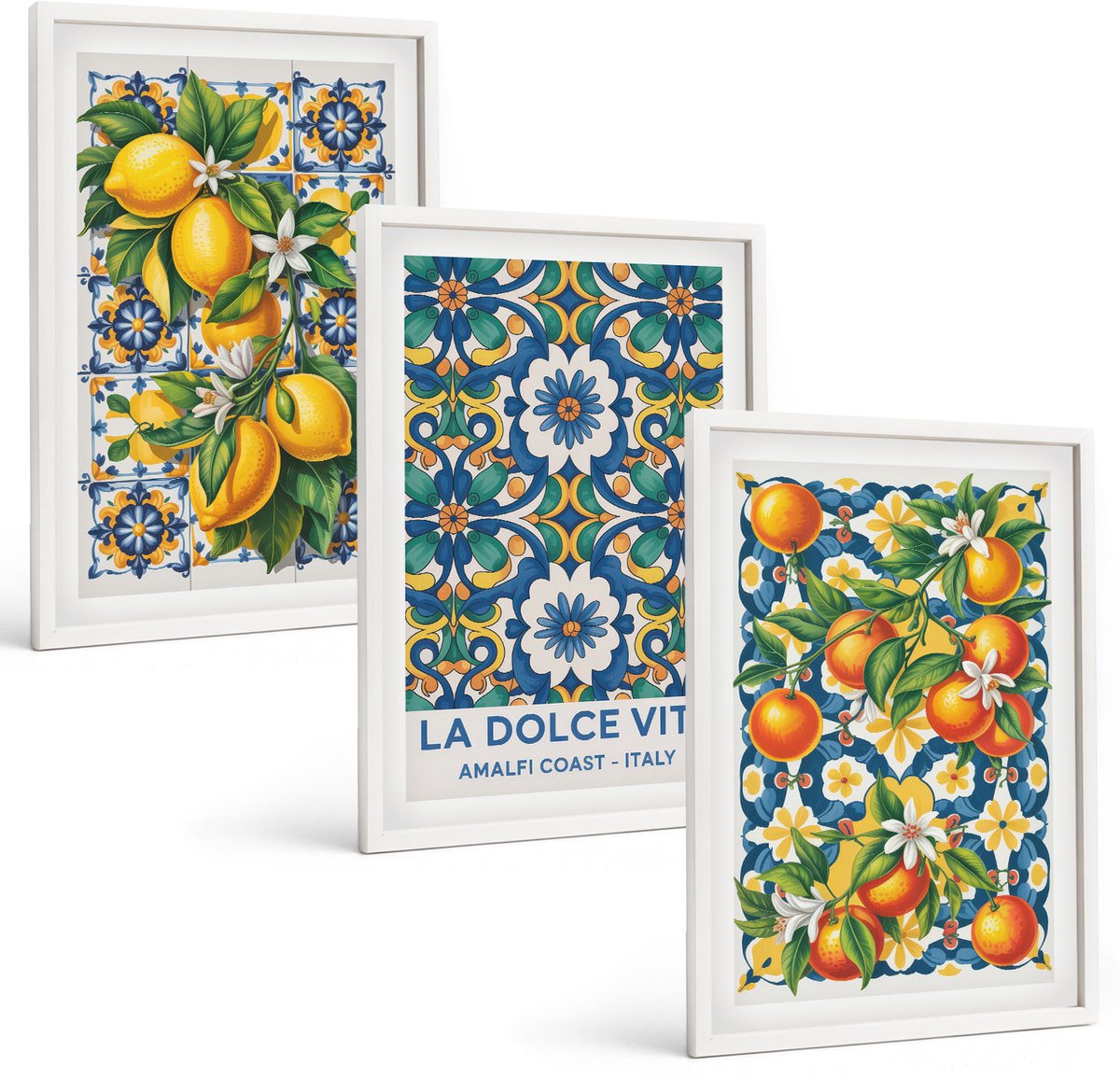 Wallfluent 3-Delige Schilderij Set - Posters Met Citrusvruchten En Kleurrijke Abstracte Patronen - 40 x 60 - Muurdecoratie - Decoratieve Schilderijen - Wohnzimmer - Woonkamer Decoratie