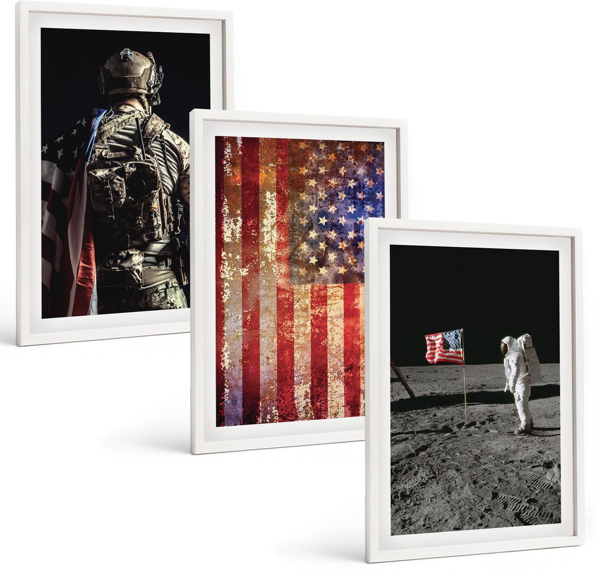 Wallfluent 3-Delige Schilderij Set - Amerikaanse Nationale Symbolen, Vlag Van De Vs - 40 x 60 - Muurdecoratie - Interieur Decoratie - Stijlvolle Muurdecoratie