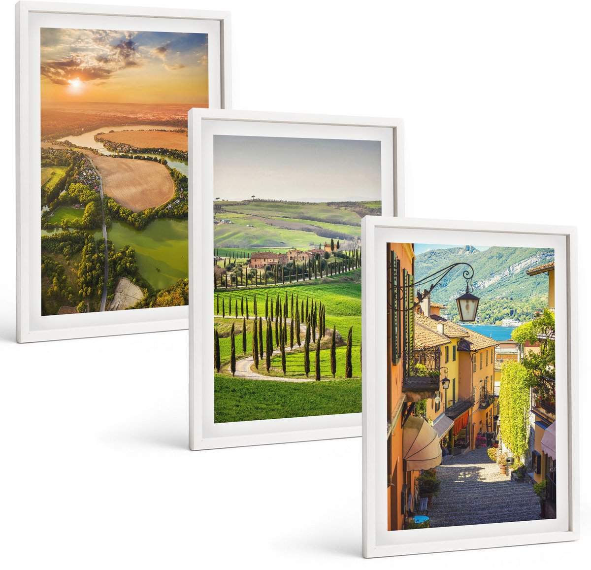 Wallfluent 3-Delige Schilderij Set - Italiaanse Landschappen Met Een Rivier, Heuvels En Een Stadsstraat - 40 x 60 - Decoratieve Schilderijen - Woonkamer - Interieur - Stijlvolle Muurdecoratie