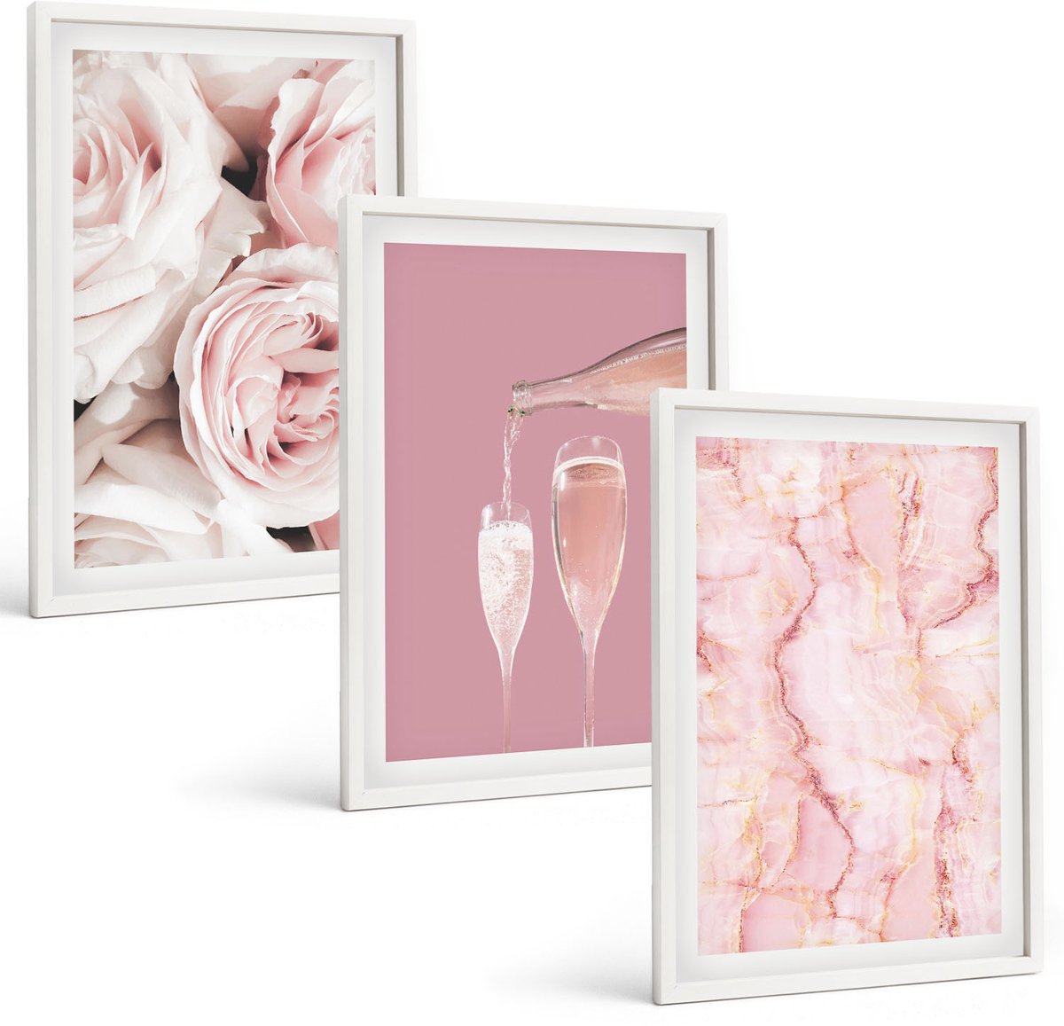 Wallfluent 3-Delige Schilderij Set - Champagnekleurige Rozen En Een Pastelkleurige Marmeren Achtergrond - 40 x 60 - Wanddecoratie - Schilderijen Set - Kantoor - Moderne Wanddecoratie