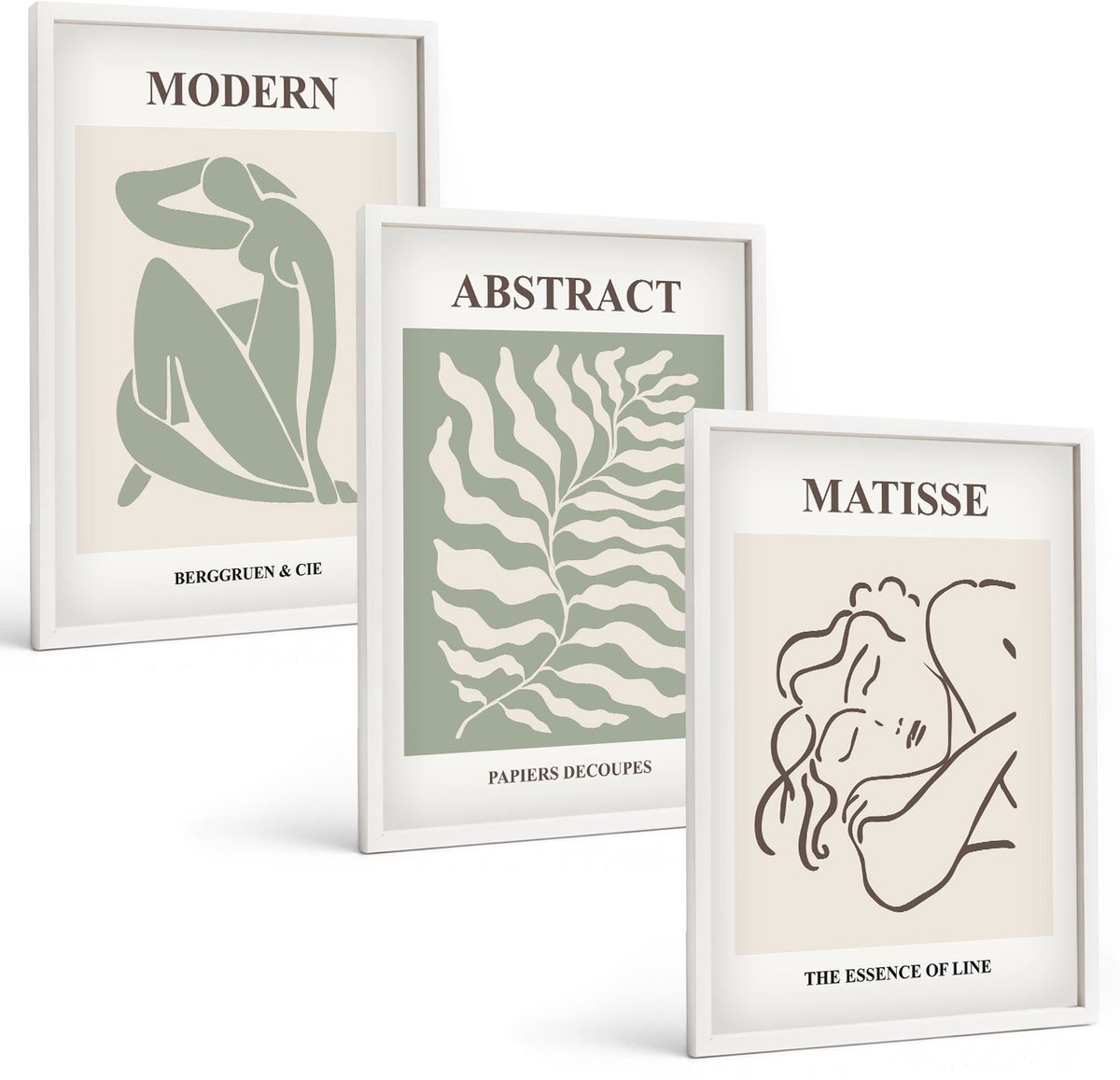 Wallfluent 3-Delige Schilderij Set - Stijlvolle Schilderijen In Groene Tinten Met Figuren En Bladeren. - 40 x 60 - Decoratieve Schilderijen - Woonkamer - Interieur - Moderne Wanddecoratie