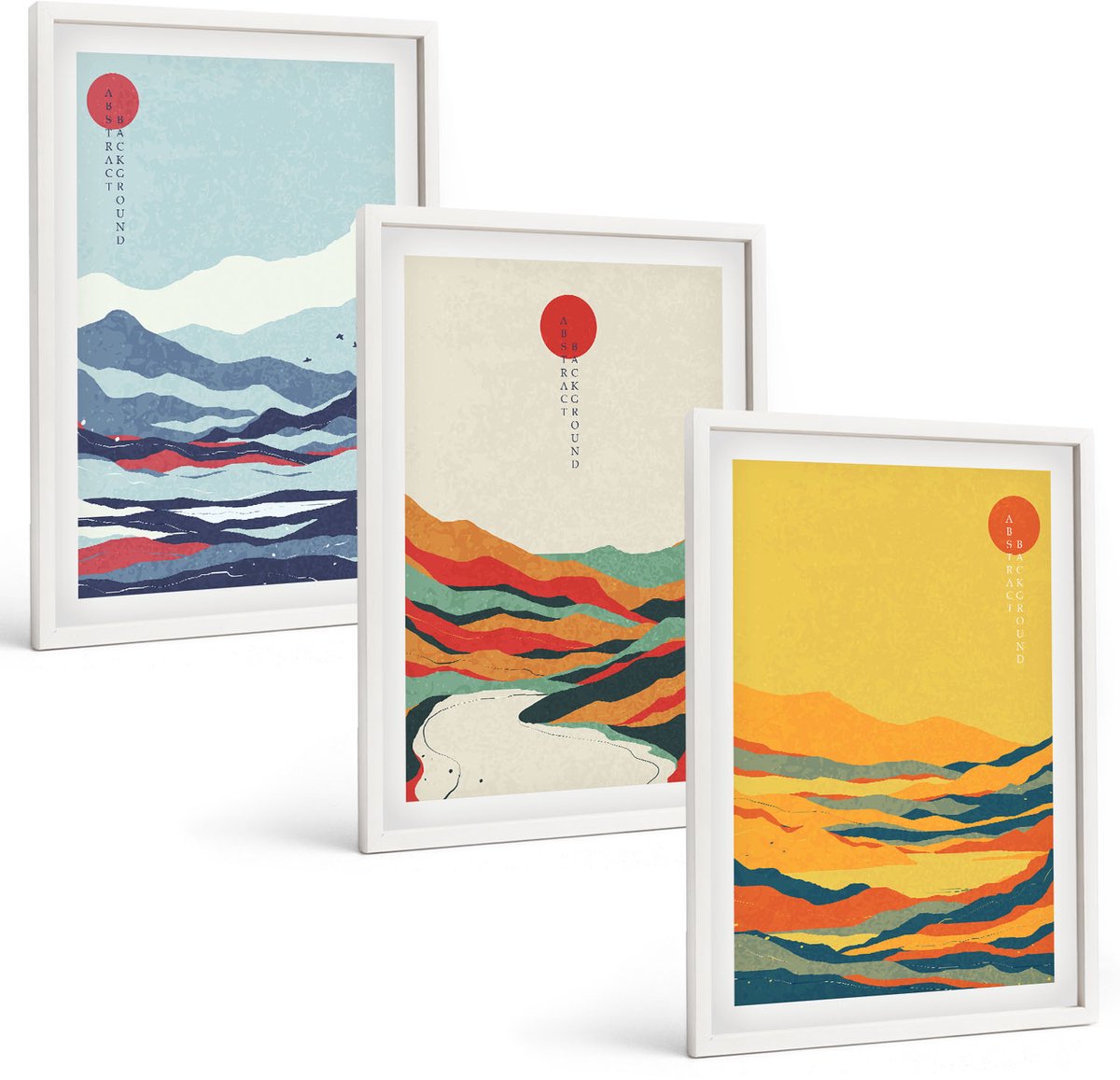 Wallfluent 3-Delige Schilderij Set - Kleurrijke Abstracte Berg- En Rivierlandschappen - 40 x 60 - Muurdecoratie - Decoratieve Schilderijen - Wohnzimmer - Stijlvolle Muurdecoratie