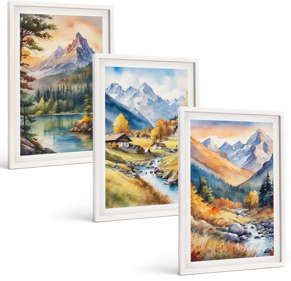 Wallfluent 3-Delige Schilderij Set - Berglandschap Met Een Rivier En Huisjes In Herfstkleuren. - 40 x 60 - Stijlvolle Wanddecoratie - Interieur - Moderne Wanddecoratie