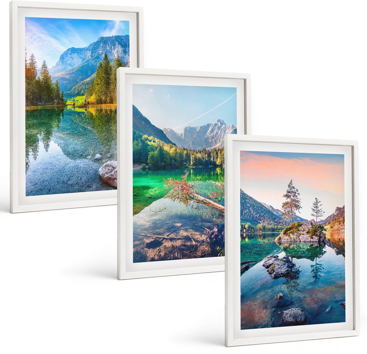 Wallfluent 3-Delige Schilderij Set - Bergmeren Met Water En Omringende Natuurlandschappen - 40 x 60 - Wanddecoratie - Woonkamer Decoratie - Moderne Wanddecoratie
