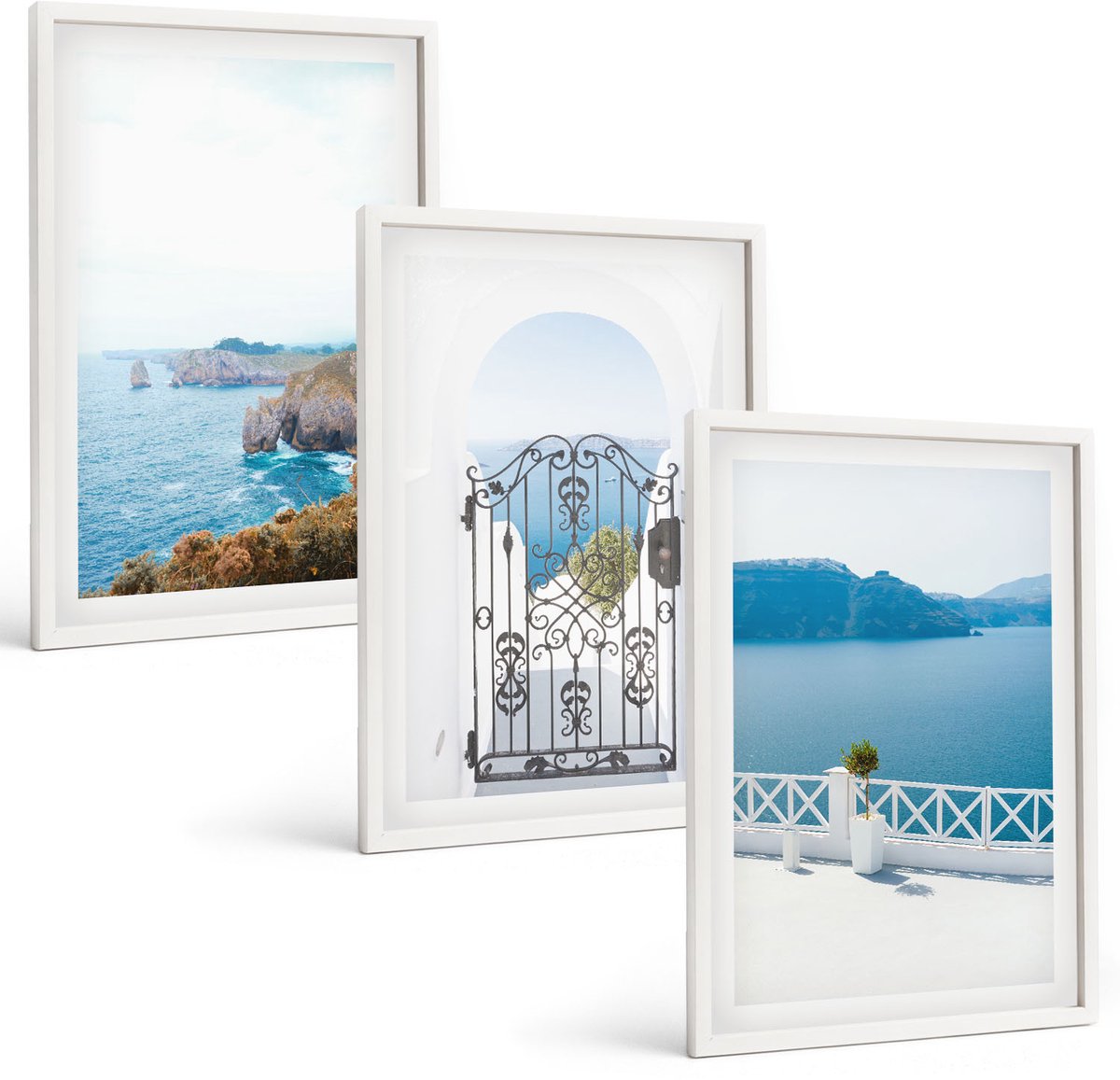 Wallfluent 3-Delige Schilderij Set - Zeezicht Met Griekse Architectuur - 40 x 60 - Decoratieve Schilderijen - Woonkamer - Interieur - Woonkamer Decoratie