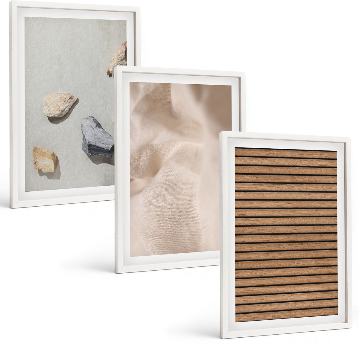 Wallfluent 3-Delige Schilderij Set - Stenen Hout Stof Diverse Texturen - 40 x 60 - Wanddecoratie - Muurdecoratie - Moderne Interieurdecoratie - Interieur Decoratie