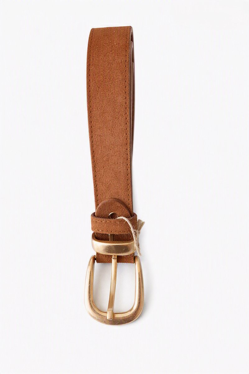 SH-Leren-Suede-Dames riem-Goudengesp-Cognac kleur- maten 85 t/m 100cm